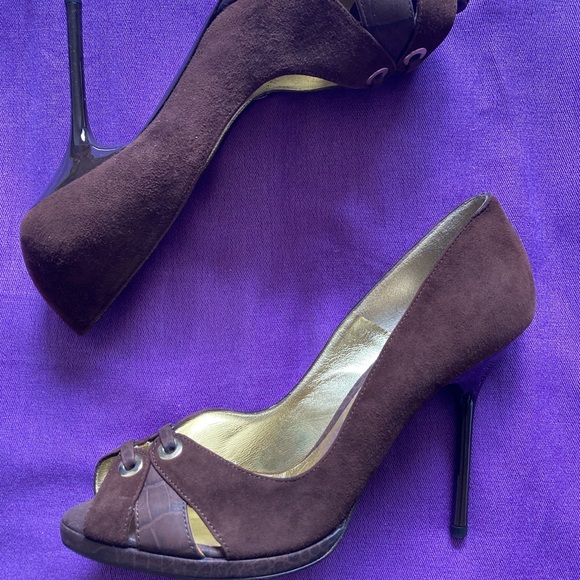 ESCADA Brown Leather Peep Toe Heels Size 38 - Picture 3 of 7